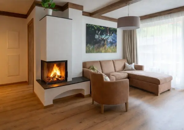 Goldquelle · zithoek met haard